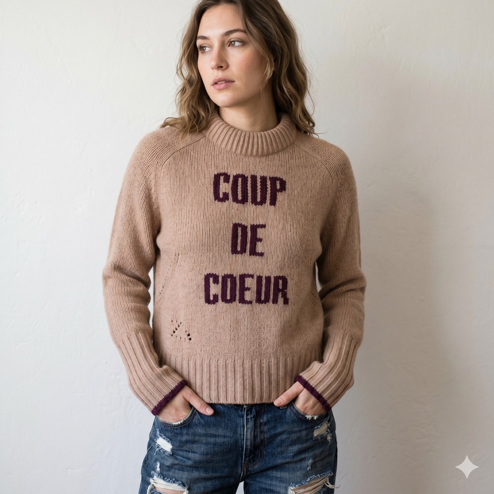 Zadig & Voltaire Maddy Sweater Womens XS Tan Merino Wool Mock Neck Graphic
